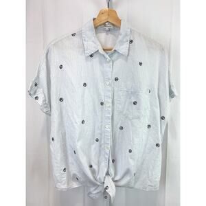 MADEWELL Embroidered Peace Sign Short Sleeve Tie Front Shirt H8747 Blue White M